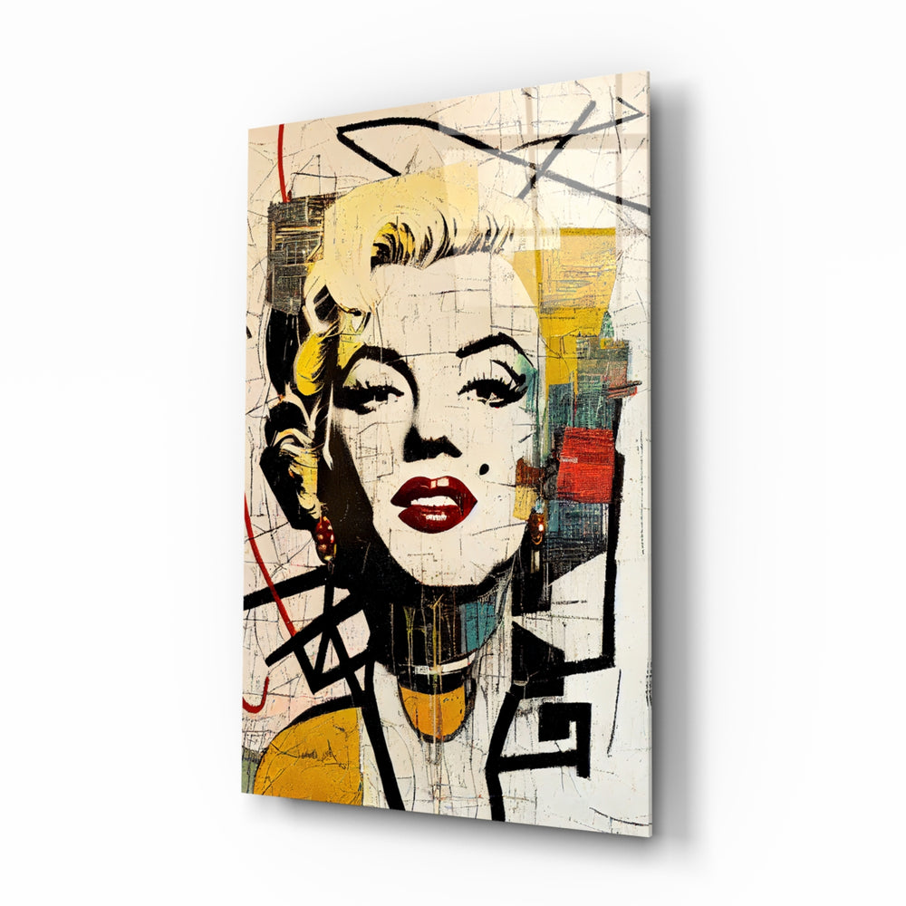 Marilyn Monroe glass wall art displayed above a walnut headboard in a serene bedroom with linen drapes and a brass lamp