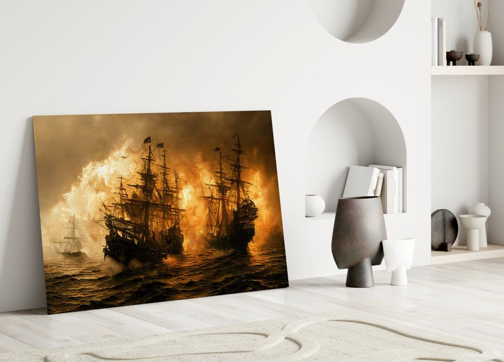 Red Storm close-up showing galleon ships clashing in amber smoke