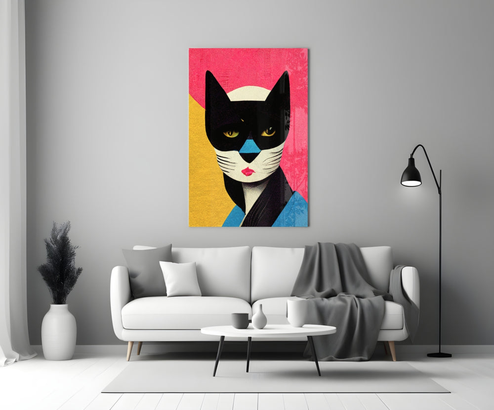 Masked close-up showing tuxedo cat with black mask and pink lipstick muzzle