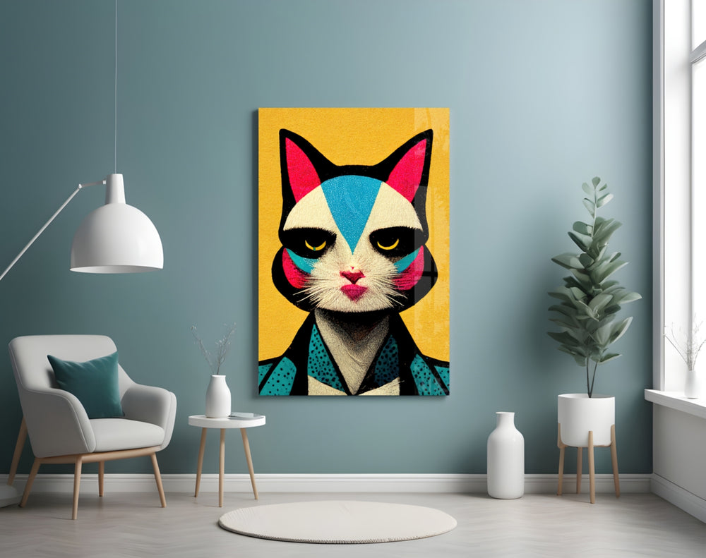 The Cat glass wall art styled above a console in a hallway