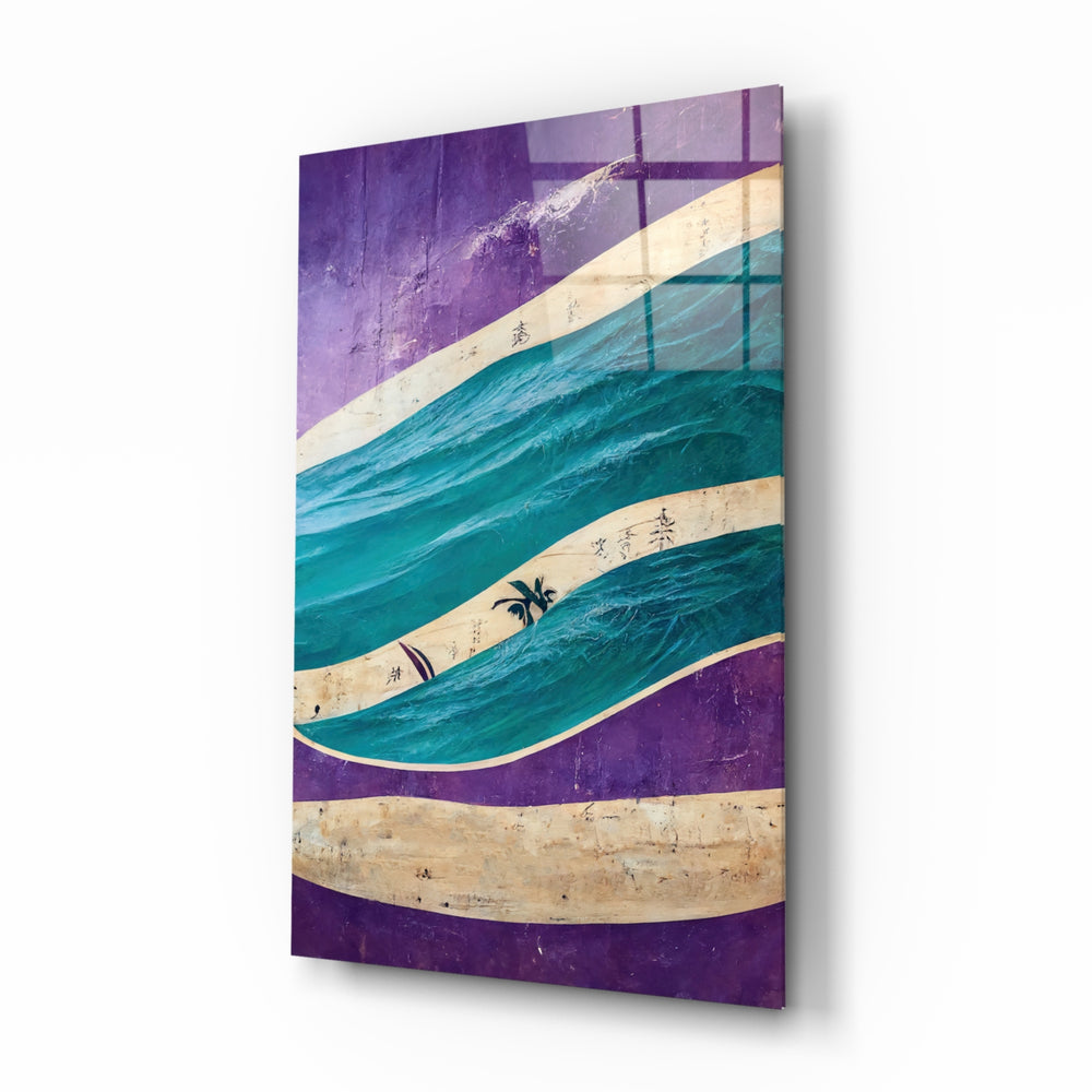 Waves glass wall art displayed above a walnut headboard in a serene bedroom with linen drapes