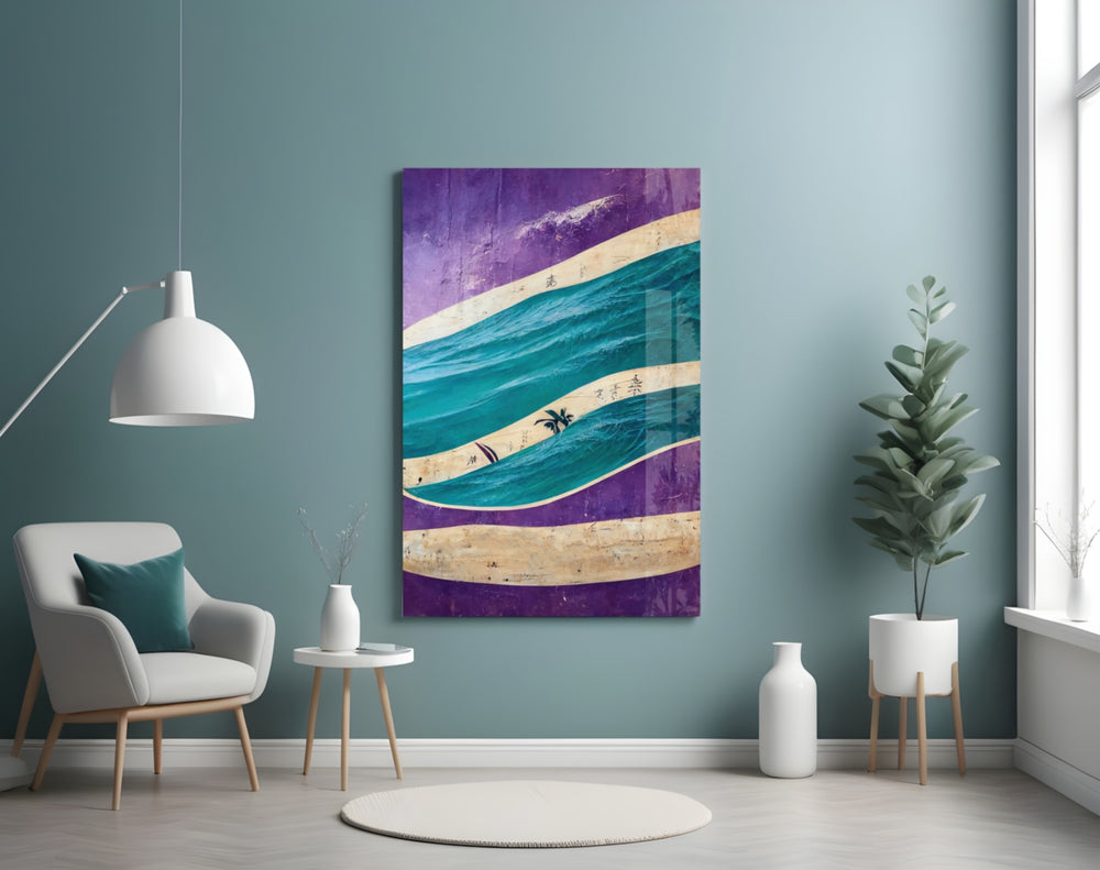 Waves glass wall art styled above a console in a hallway