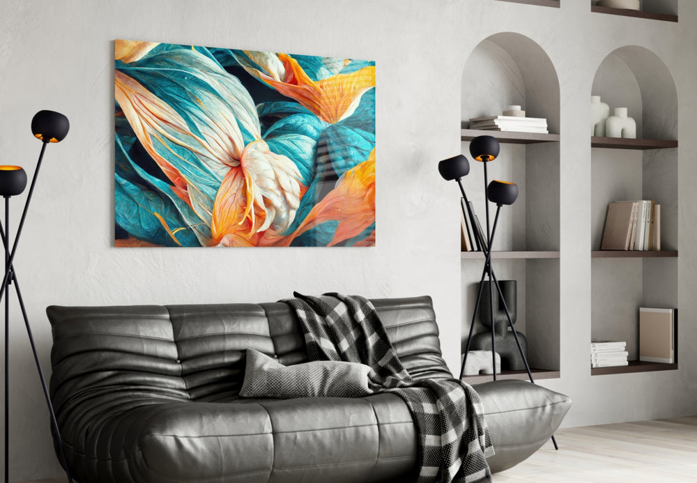 Flowerish glass wall art styled above a headboard in a bedroom