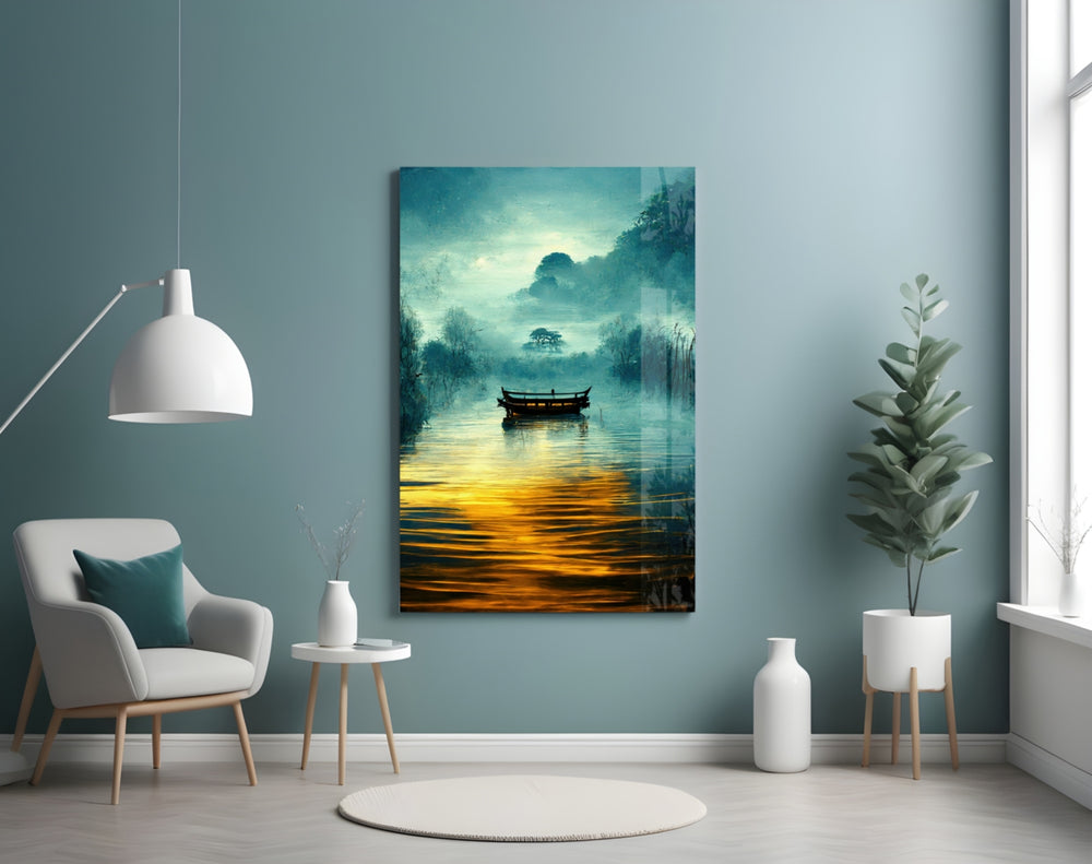 Silence glass wall art styled above a console in a hallway