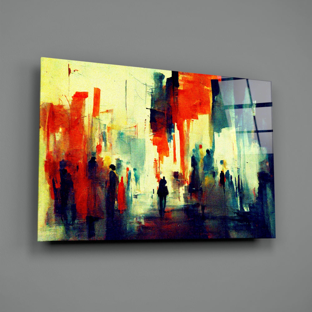Expressionist-cityscape panel bringing melancholic energy to a contemporary hallway