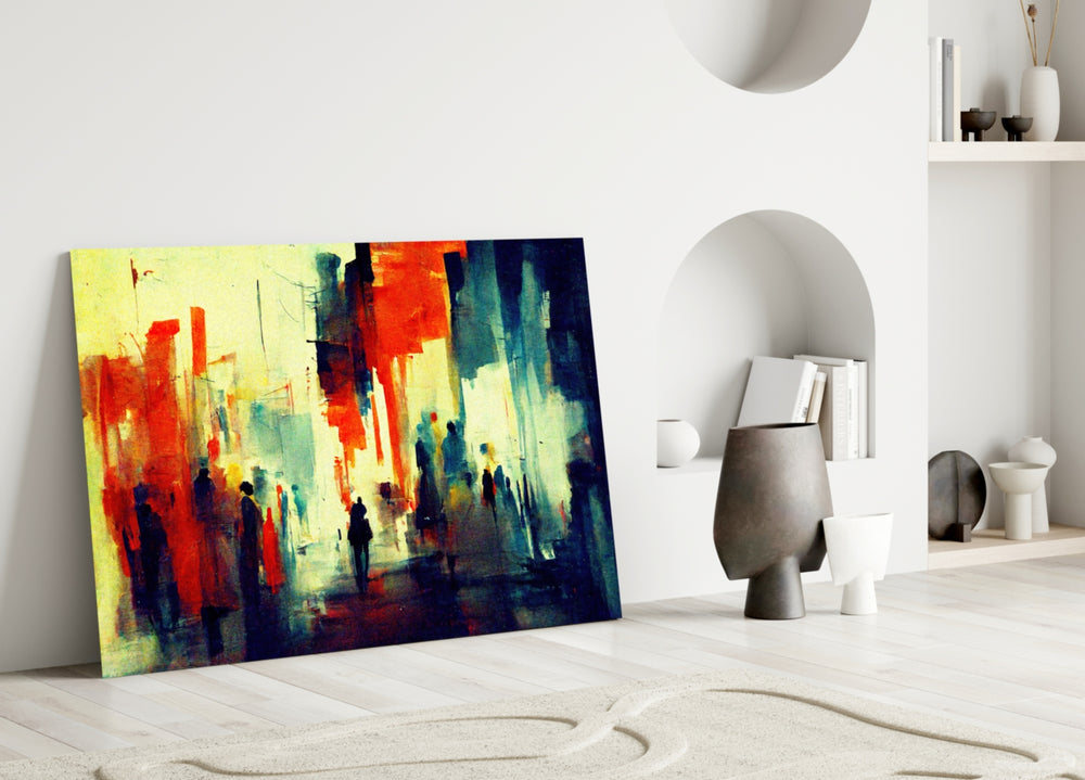 Silhouettes close-up showing watercolor figures drifting through misted street