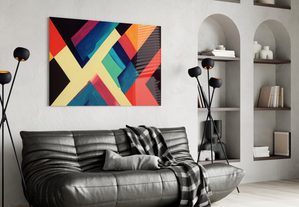 Corners glass wall art styled above a console in a hallway