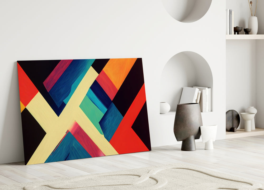 Corners close-up showing cream beams crossing crimson and teal trapezoids