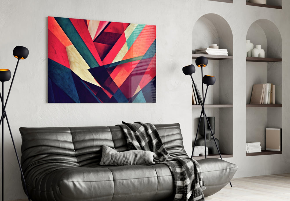 Corners glass wall art styled above a console in a hallway