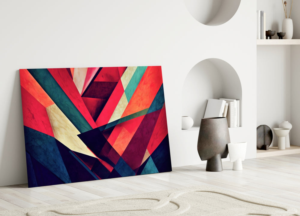 Corners close-up showing crimson triangles cutting through teal and cream slabs