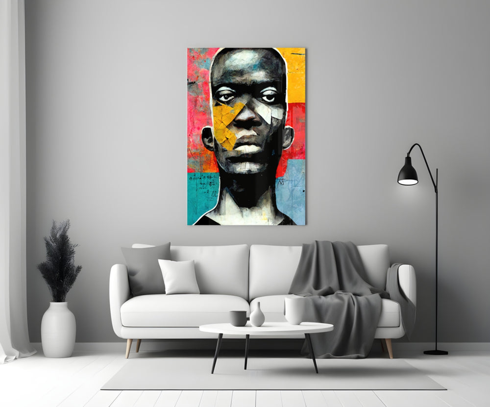 The Rebellious Look close-up showing African portrait with ochre cheek patch and teal blocks