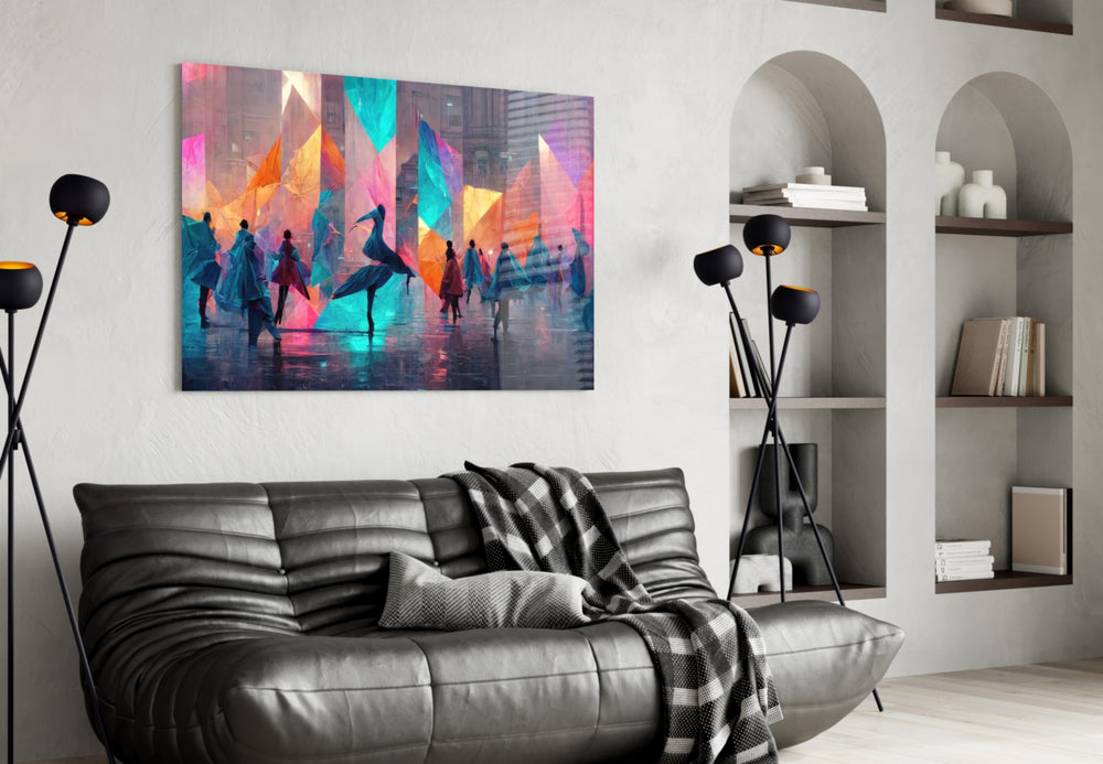 Cubic Walk glass wall art styled above a console in a hallway