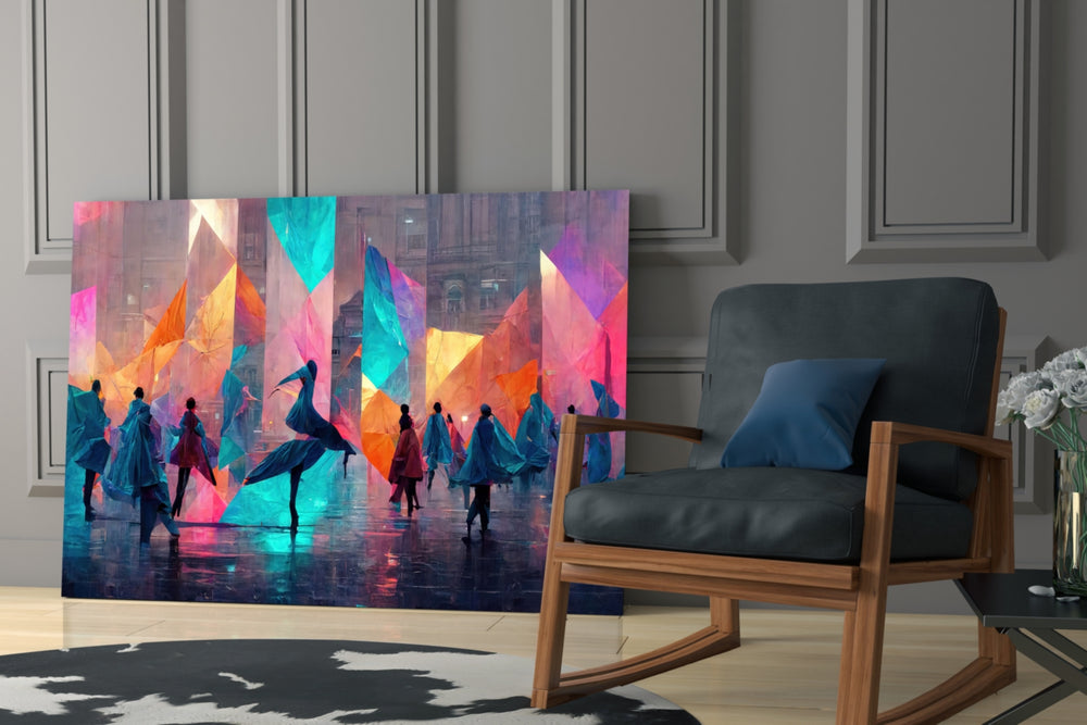 Cubic Walk glass print enhancing an office with cinematic mood