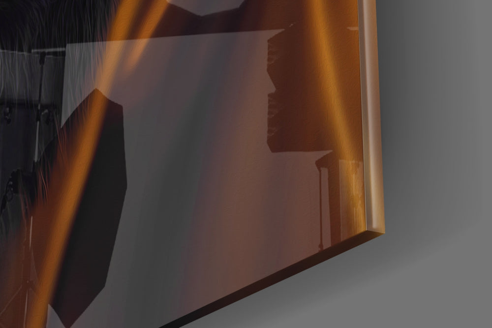 Angry Smile artwork anchoring a wall with bold dramatic palette