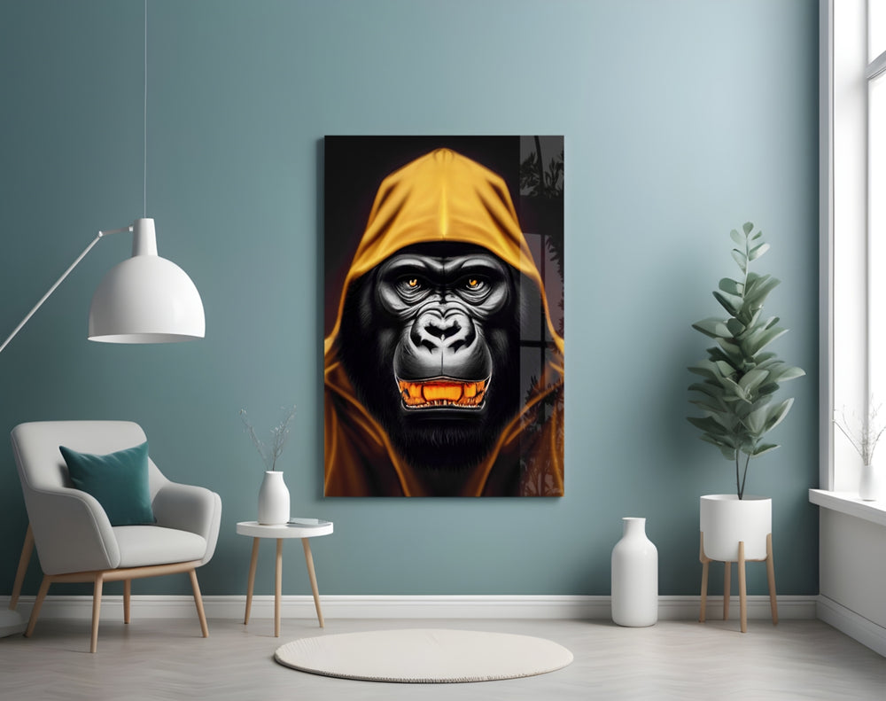 Angry Smile glass wall art styled above a desk in a study