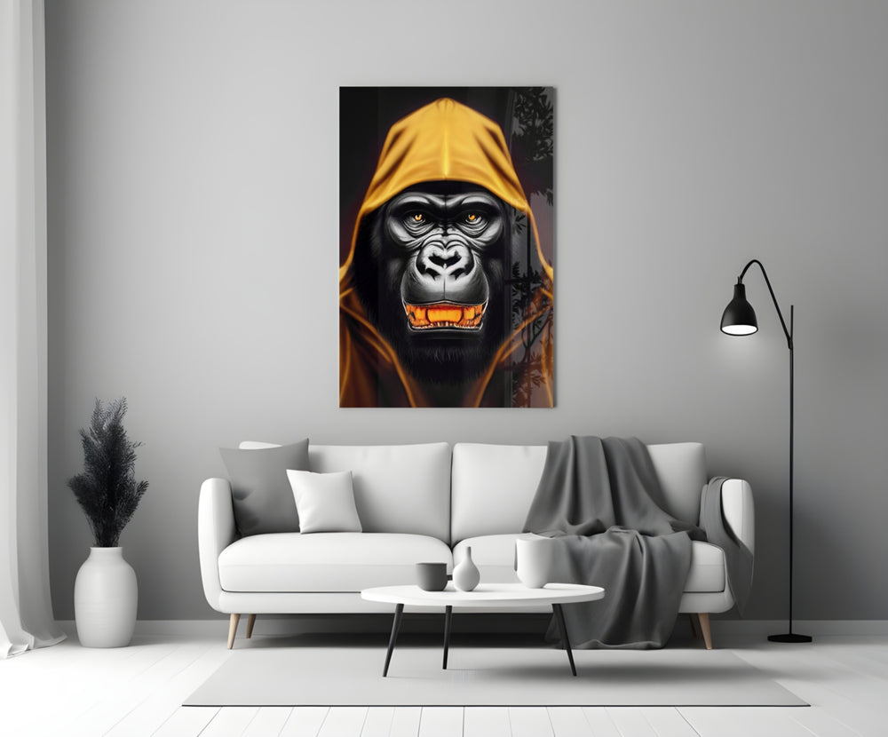 Angry Smile close-up showing hooded gorilla baring glowing yellow teeth