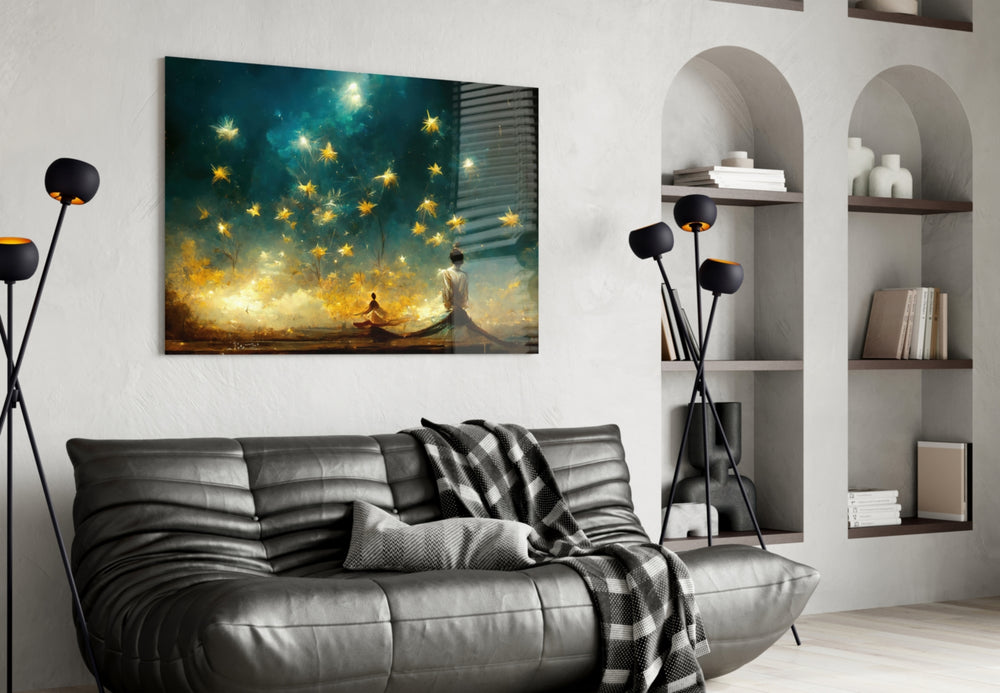 Mysticism glass wall art styled above a console in a hallway