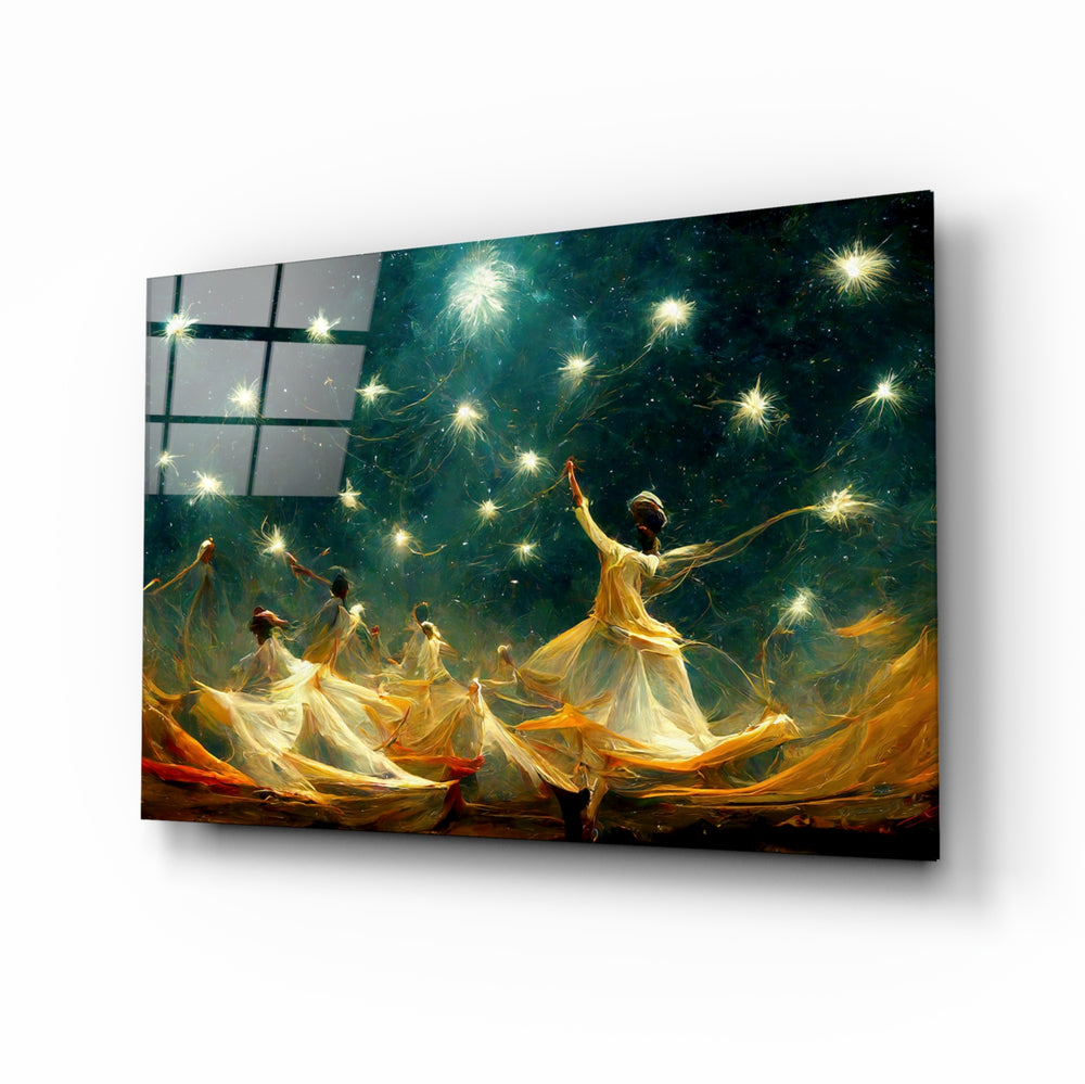 Mysticism glass wall art displayed above a walnut headboard in a serene bedroom with linen drapes