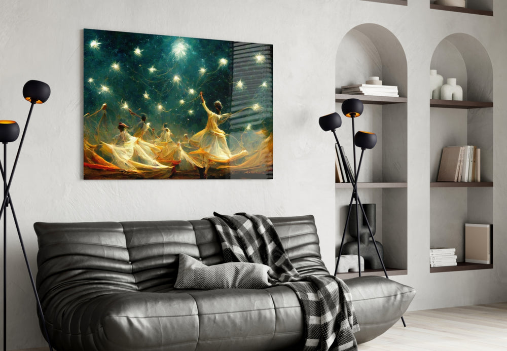 Mysticism glass wall art styled above a console in a hallway