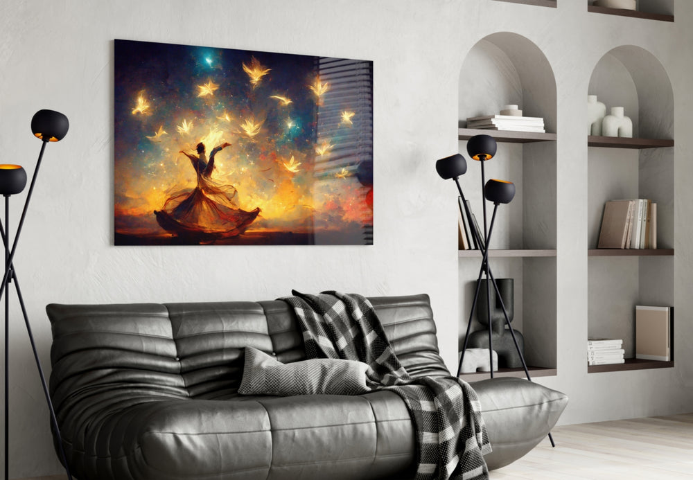 Mysticism glass wall art styled above a console in a hallway