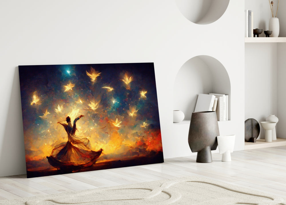 Mysticism close-up showing whirling dervish releasing golden flame-doves