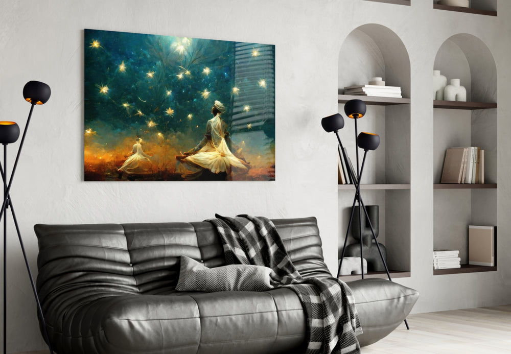 Mysticism glass wall art styled above a console in a hallway