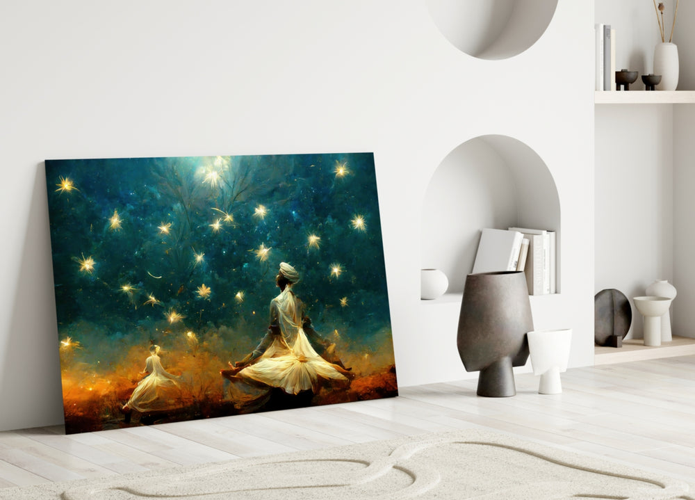 Mysticism close-up showing turbaned dervish meditating beneath teal cosmos