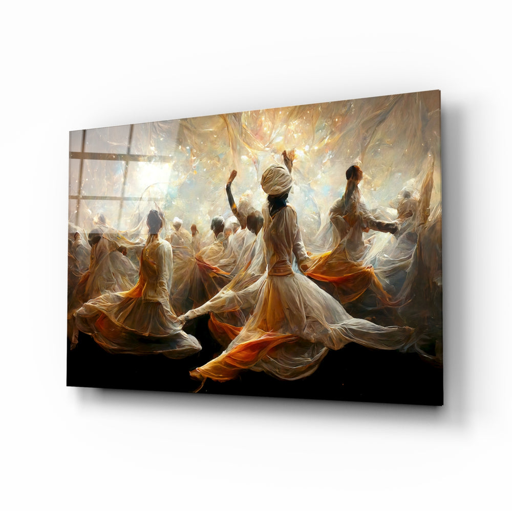 Mysticism glass wall art displayed above a walnut headboard in a serene bedroom with linen drapes