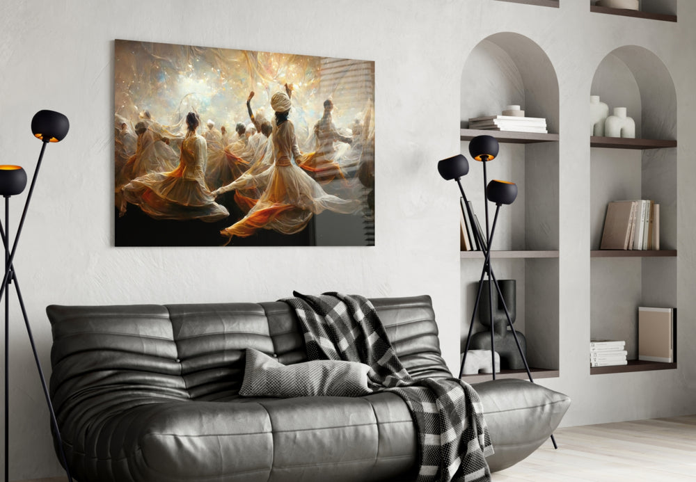 Mysticism glass wall art styled above a console in a hallway