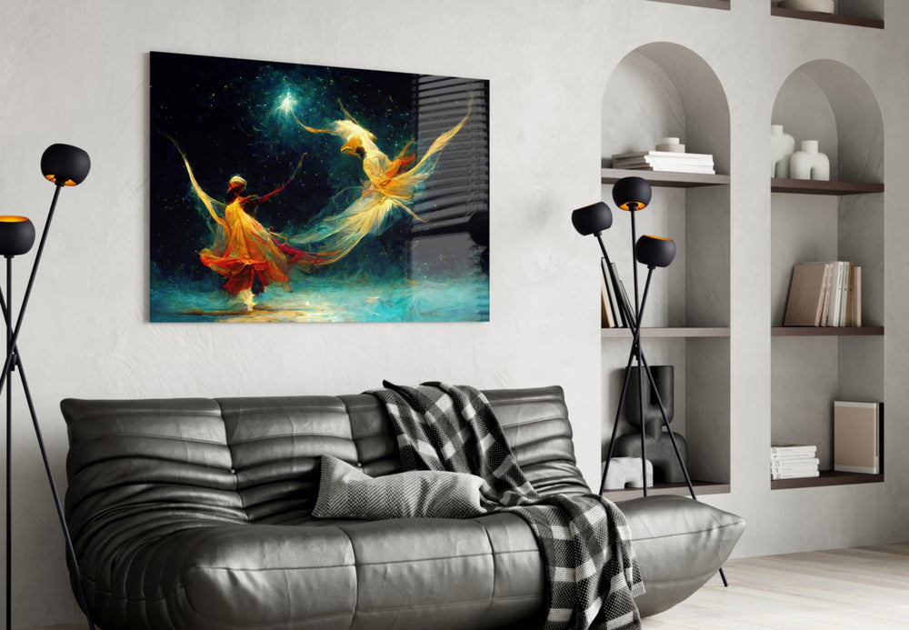 Mysticism glass wall art styled above a console in a hallway