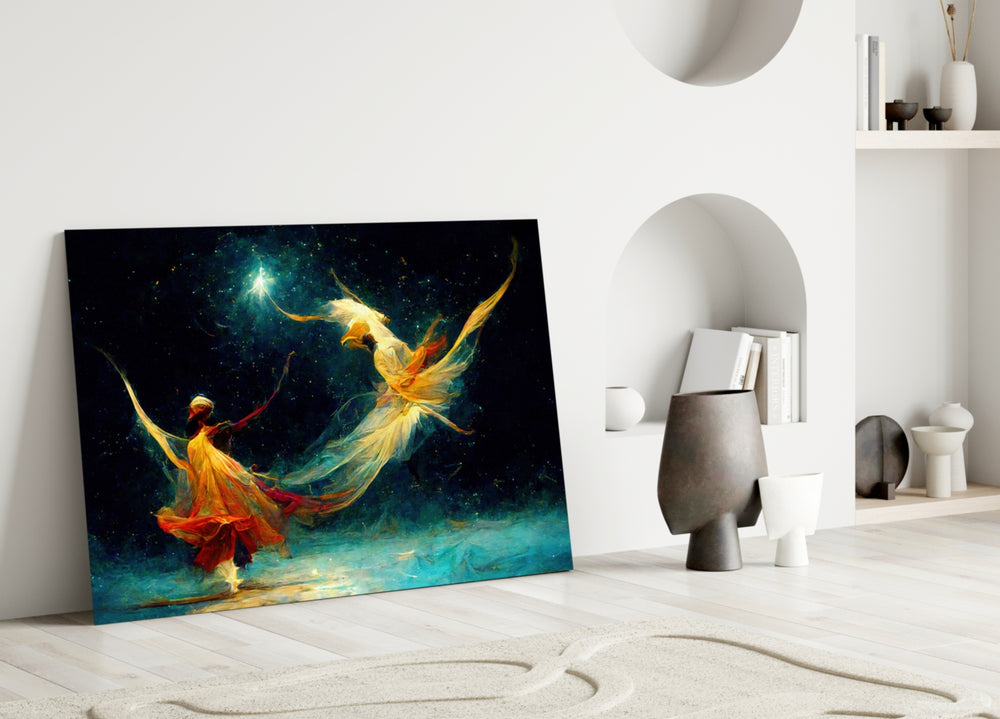 Mysticism close-up showing two dervishes leaping through starry cosmos