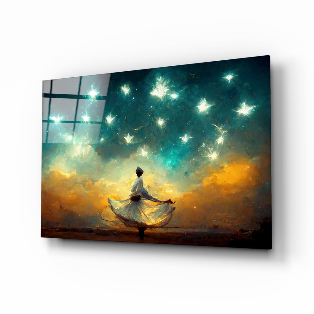 Mysticism glass wall art displayed above a walnut headboard in a serene bedroom with linen drapes