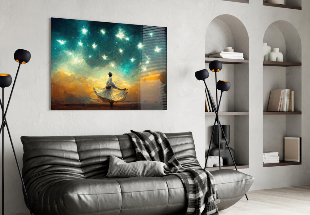 Mysticism glass wall art styled above a console in a hallway