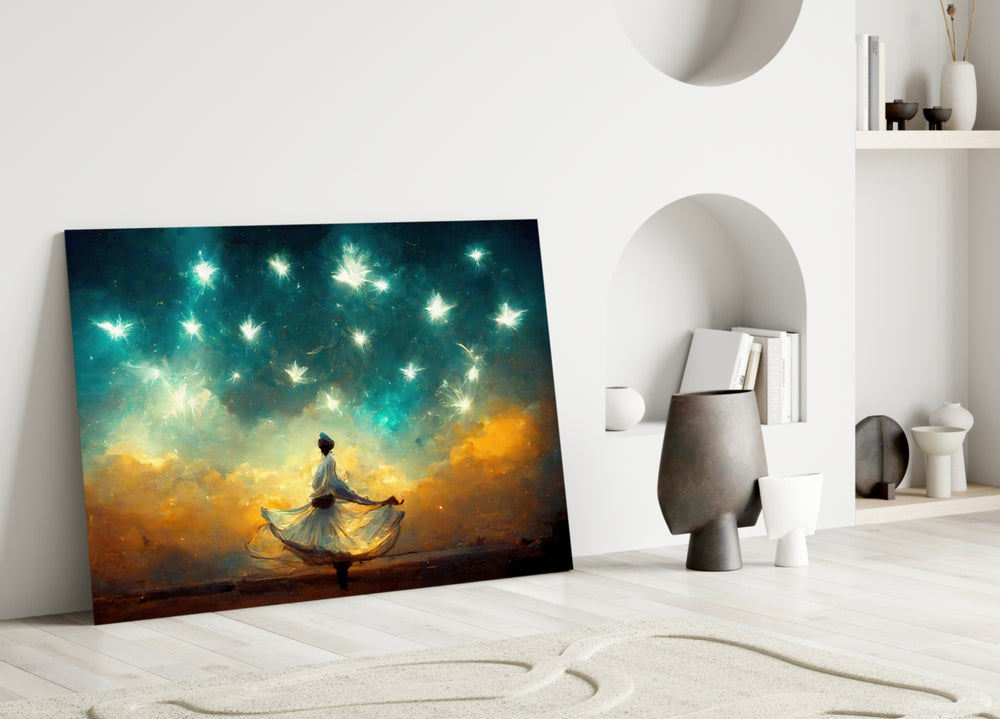 Mysticism close-up showing solitary dervish twirling above amber cloud banks