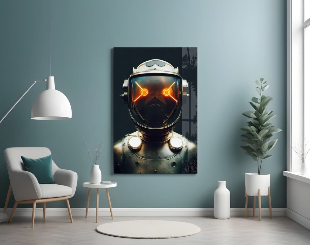 Robotic View glass wall art styled above a desk in a study