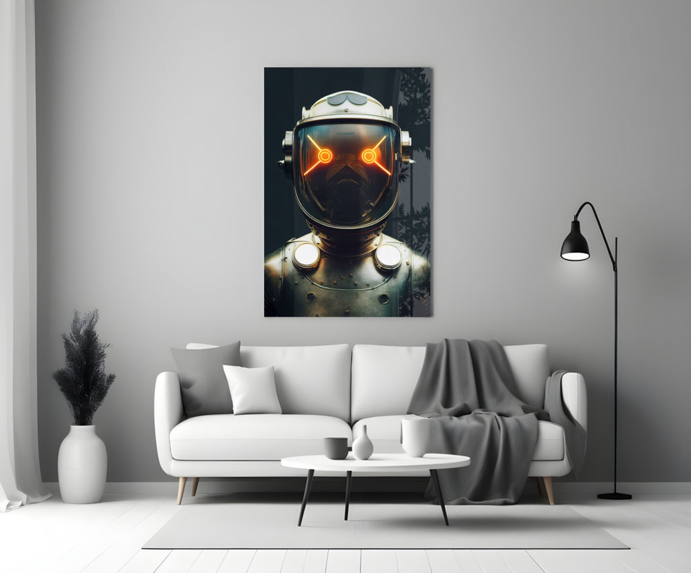 Robotic View close-up showing astronaut helmet with X-shaped amber lenses