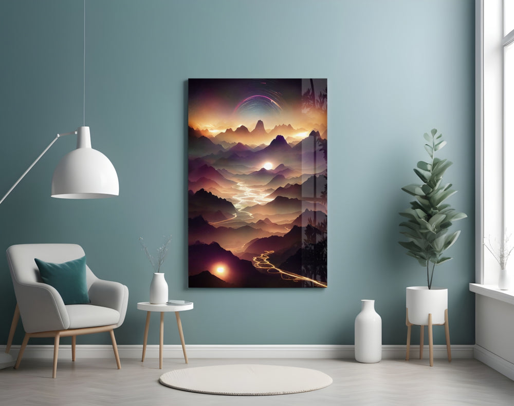 Lavas glass wall art styled above a desk in an office
