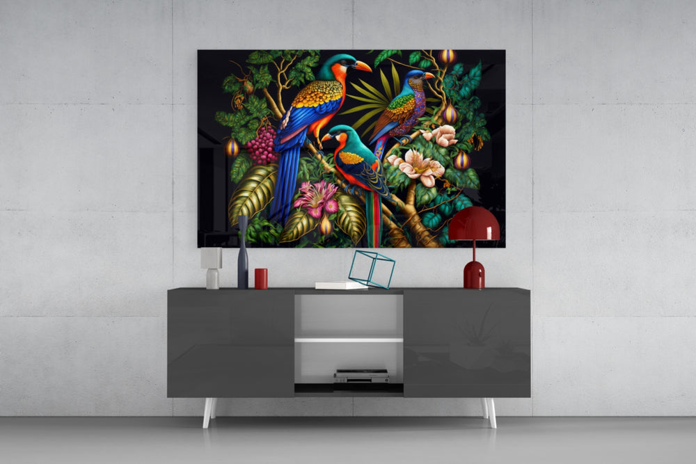 Tropical Birds panel catching window light to reveal its luminous energy