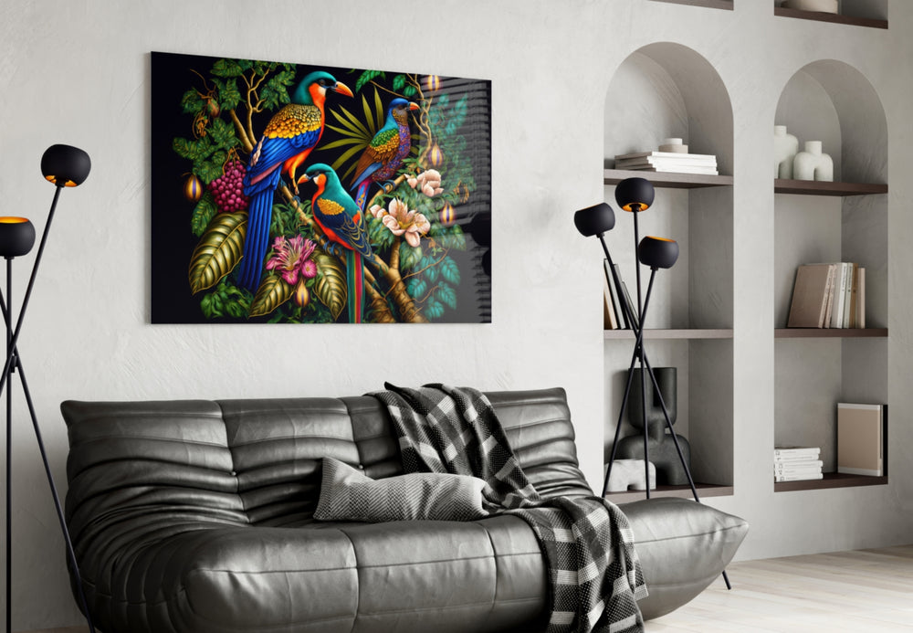 Tropical Birds glass wall art styled above a console in a hallway