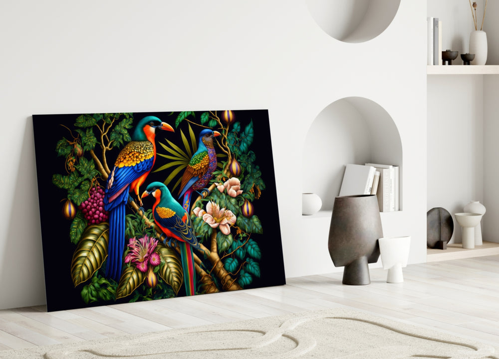 Tropical Birds close-up showing three jewel-toned birds on flowering branches