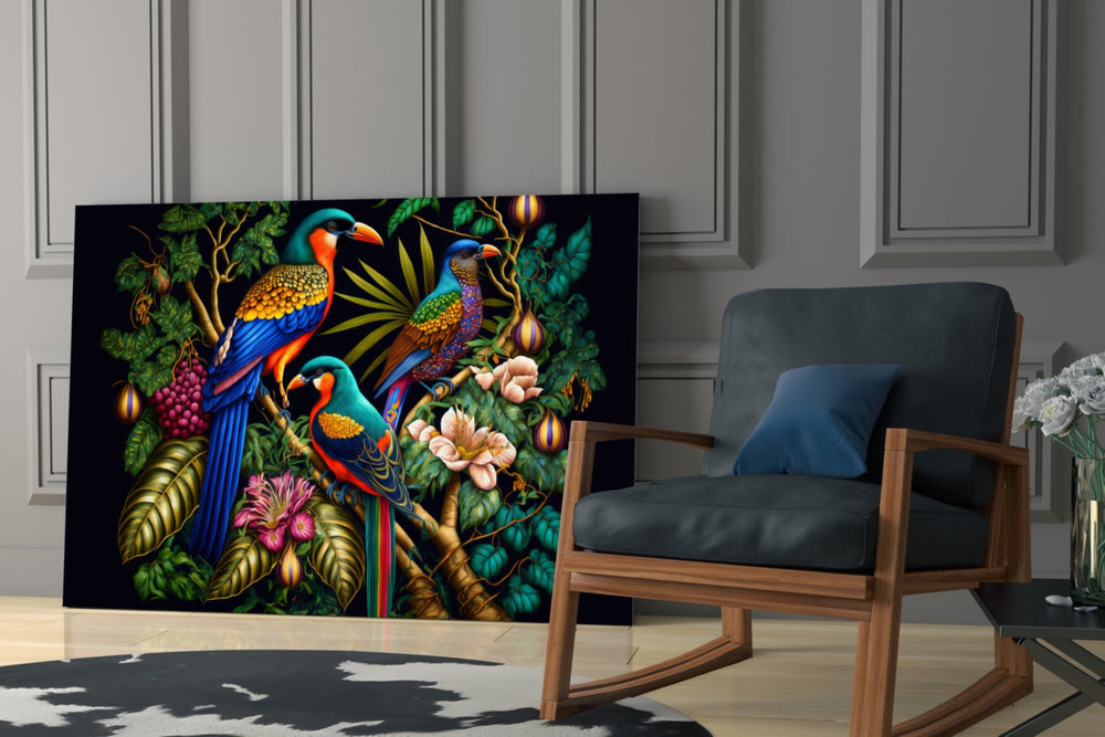Tropical Birds glass print enhancing an office with cinematic mood