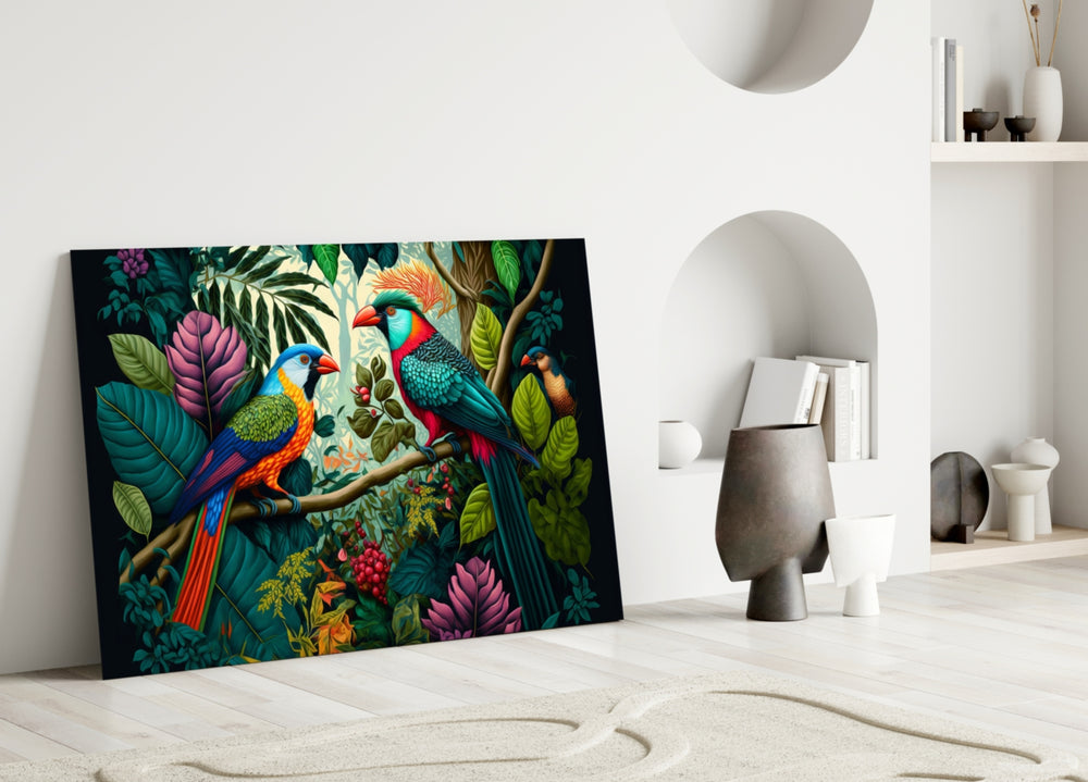 Dating on Amazon close-up showing two tropical birds amid lush jungle foliage
