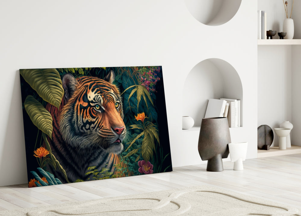 Trap Behind Flowers close-up showing Bengal tiger amid pink hibiscus and emerald leaves