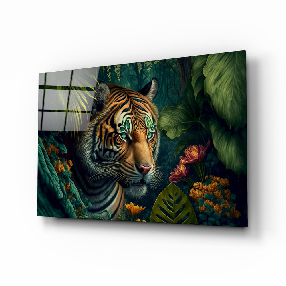 Trap Behind Flowers glass wall art displayed above a linen sofa in a contemporary living room with brass floor lamp