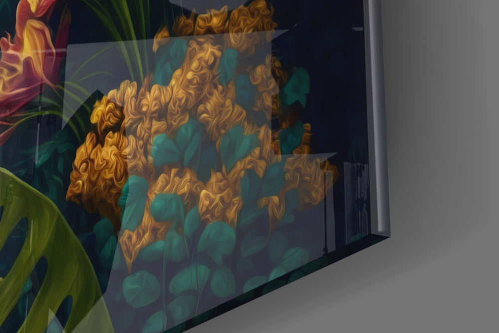 Trap Behind Flowers artwork anchoring a wall with bold dramatic palette
