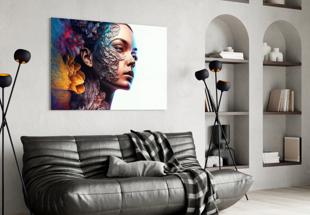 Transmutation to Beauty glass wall art styled above a sideboard in a living room