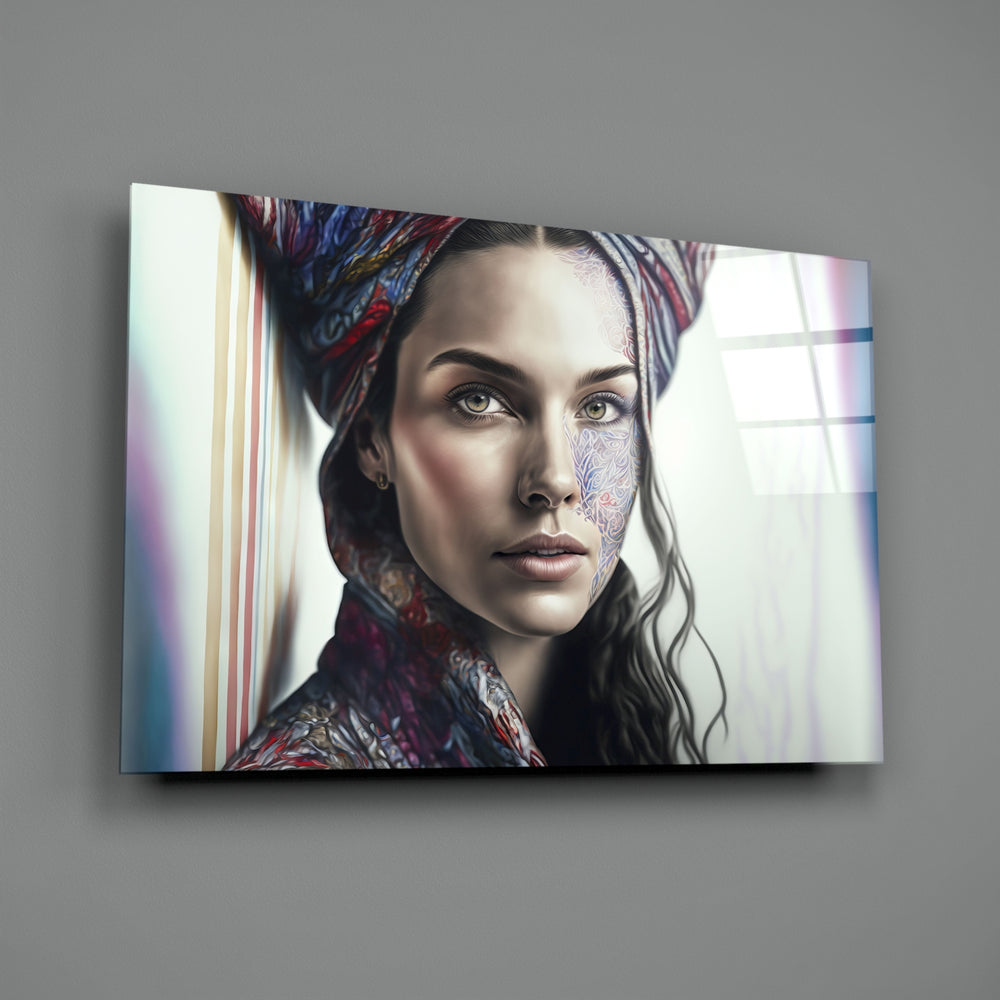 Ethnic-portrait panel bringing meditative grace to a contemporary hallway