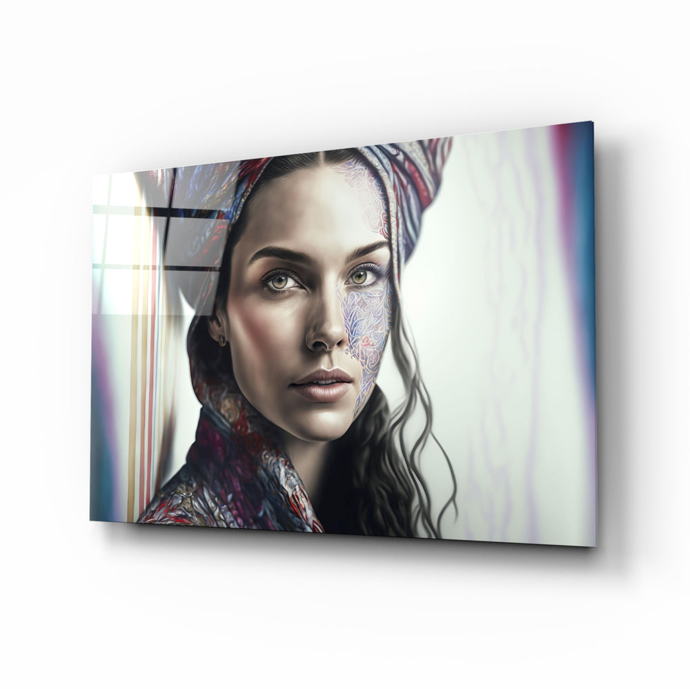 Girl with a Tattoo glass wall art displayed above a walnut headboard in a serene bedroom with linen drapes