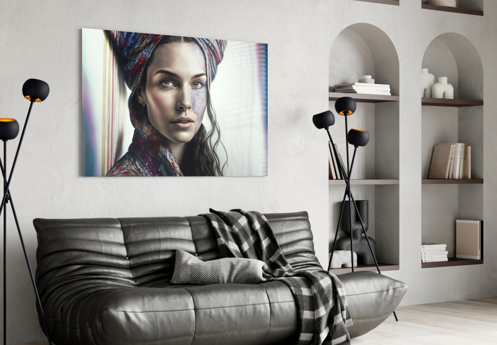 Girl with a Tattoo glass wall art styled above a sideboard in a living room