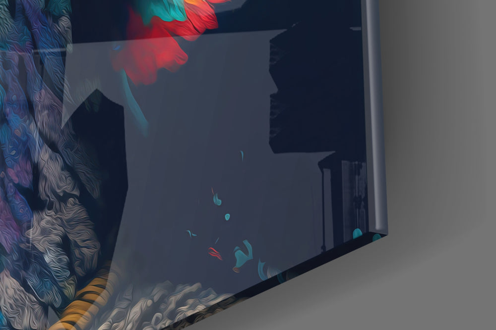 Girl with a Tattoo artwork anchoring a wall with bold vibrant palette
